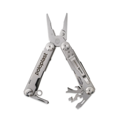 Multitool mit einigen ausgeklappten Tools, Logo "poloplast" auf einem Arm