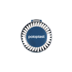 Runde transparentes Döschen mit weißem Kabel und blauem Sticker mit weißem Logo "Poloplast"