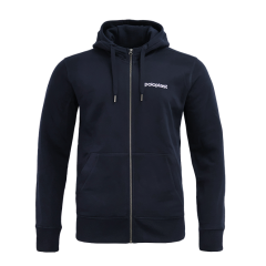 Dunkelblauer Zip-Hoodie mit Kapuze und Frontreißverschluss, weißes Poloplast-Logo auf der Brust