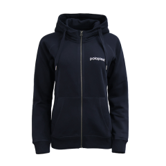 Dunkelblauer Zip-Hoodie mit Kapuze und Frontreißverschluss, weißes Poloplast-Logo auf der Brust