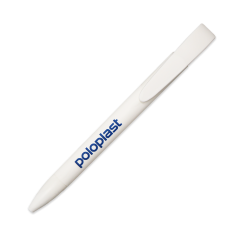 Weißer Kugelschreiber mit Druckknopf und blauem Logoschriftzug "poloplast" der Länge nach