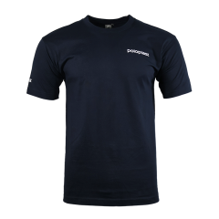 Dark blue T-shirt with a crew neck and white “poloplast” lettering on the left chest, front view