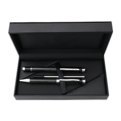 Open black case with the pens inside and the refill