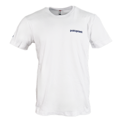 Front view of a white T-shirt with a crew neck and blue “poloplast” lettering on the left chest.
