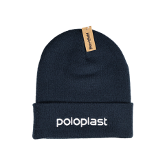 Dark blue cap with “poloplast” embroidered in white on the brim